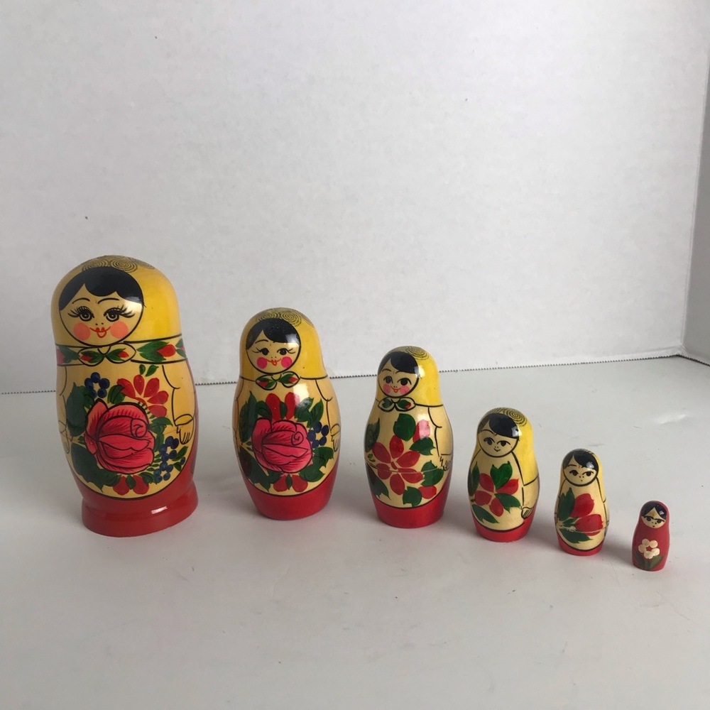 Vintage Matpewka Hand Painted Wooden Russian Nesting Dolls Set of 6 Collectible